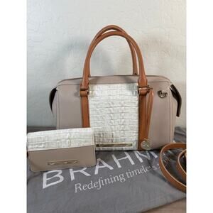 NWOT Brahmin Large Gemma Satchel Bag in Macaroon Lady Vineyard Croc w wallet New